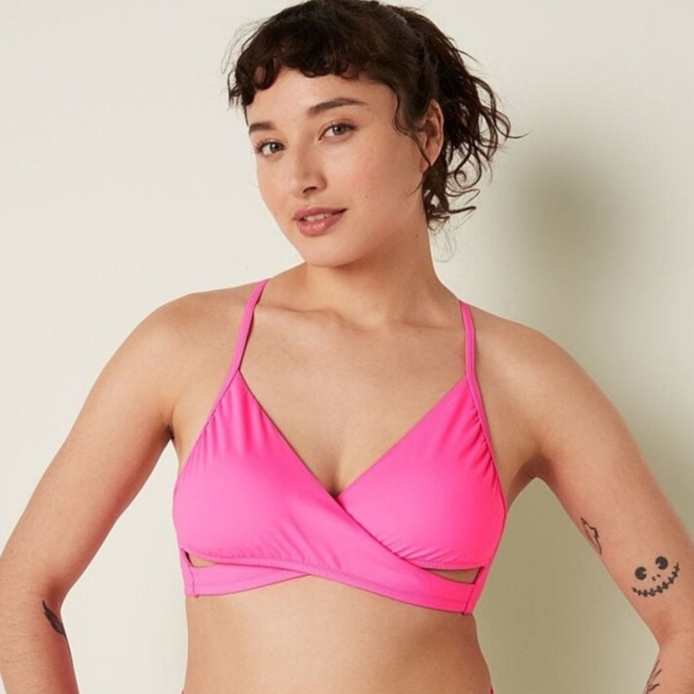 NWT Pink Victoria's Secret Cross Front Body Wrap Pink Bikini Top, Size XL